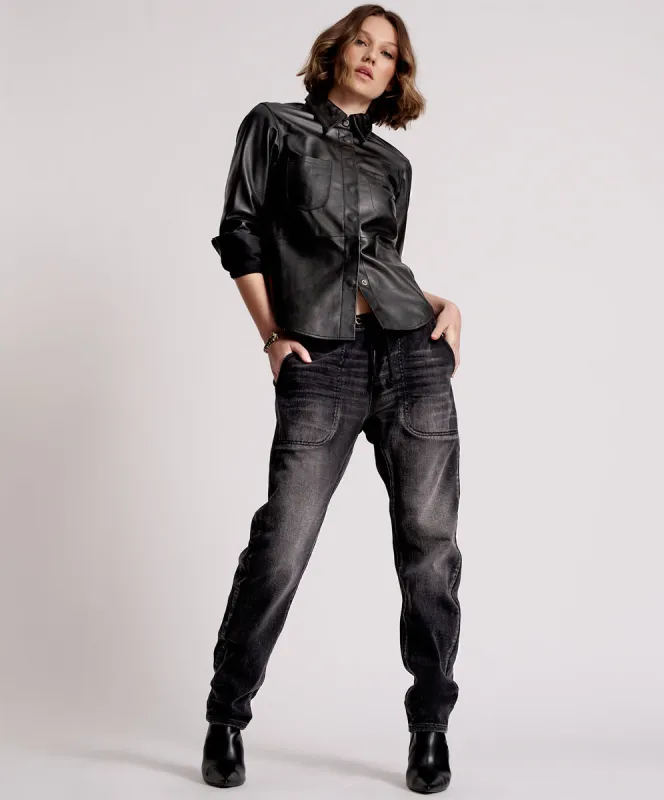 Shabbies Low Waist Drawstring Boyfriend Denim Jeans - Faded Black sold by One Teaspoon