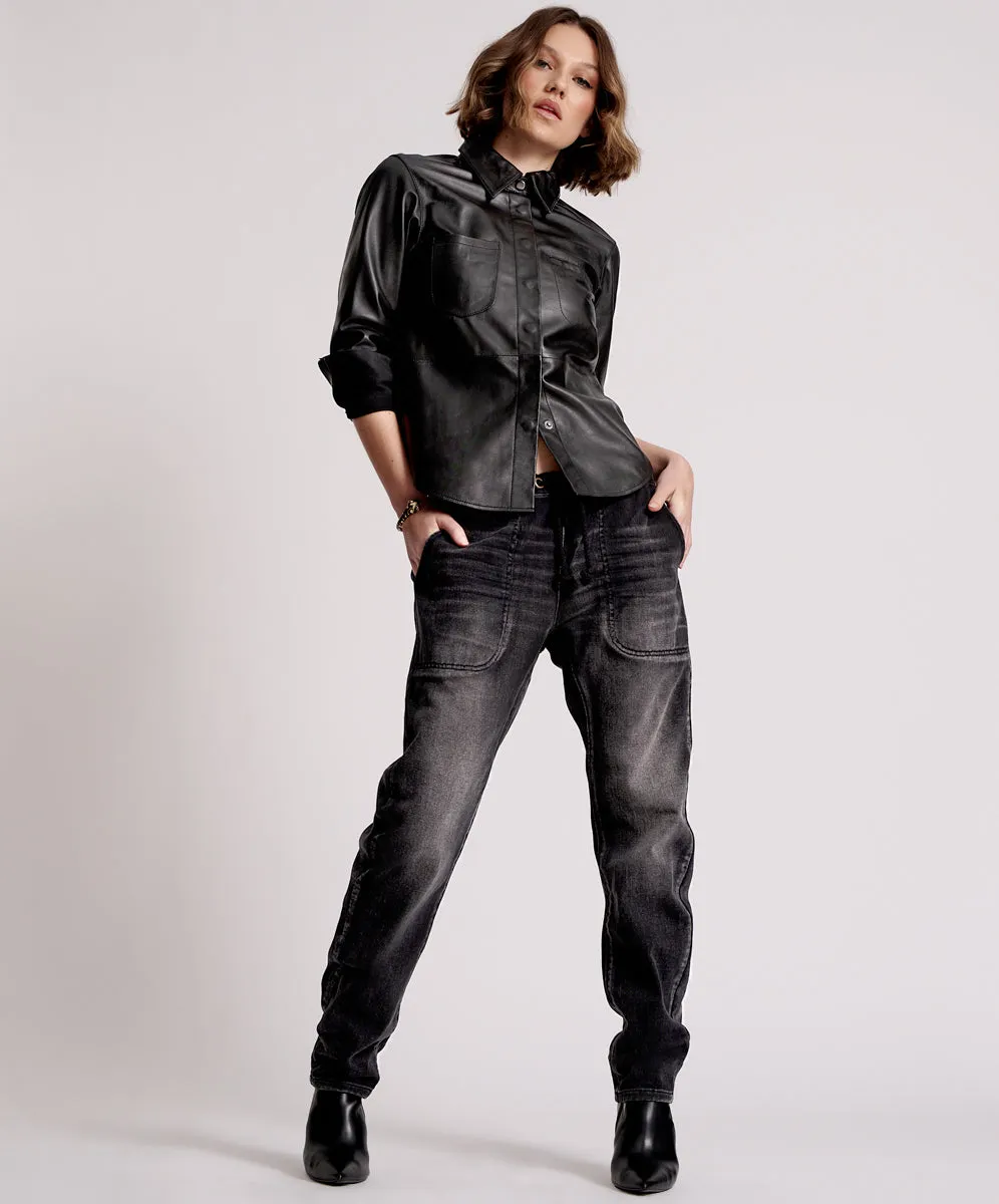 Shabbies Low Waist Drawstring Boyfriend Denim Jeans - Faded Black sold by One Teaspoon