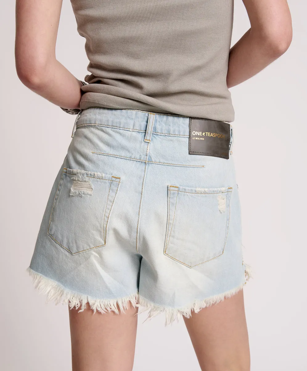 Le Wolves Mid Waist Mid Length Denim Shorts - Light Blue Wash sold by One Teaspoon product image thumbnail 4