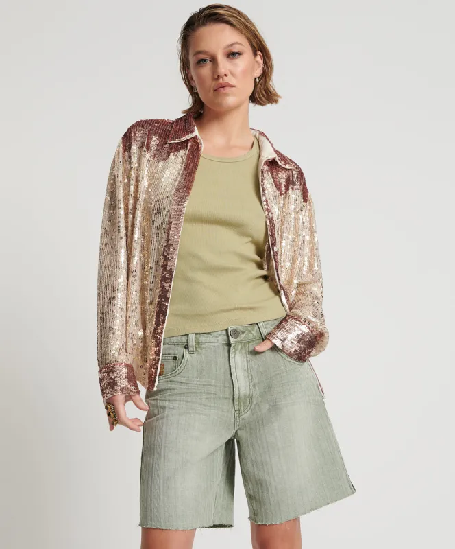 Jacksons Mid Waist Wide Leg Denim Shorts - Khaki sold by One Teaspoon