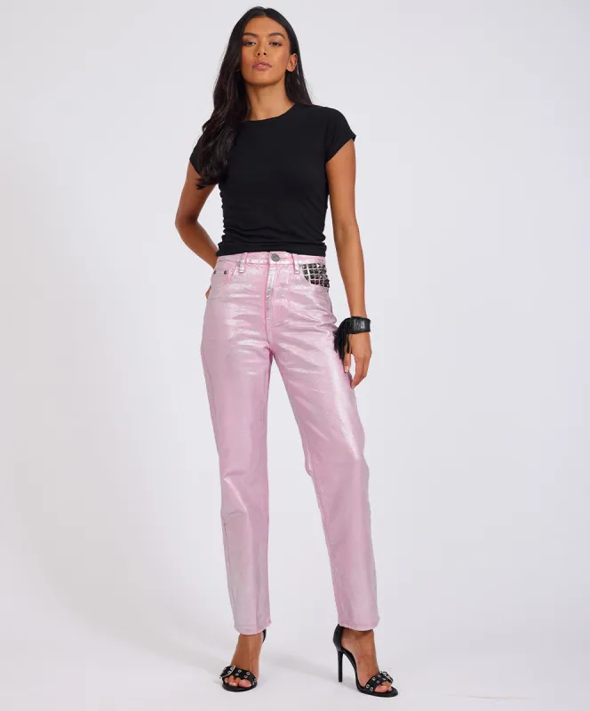 Awesome Baggies High Waist Straight Leg Denim Jeans- Pink Envy Foil made by One Teaspoon