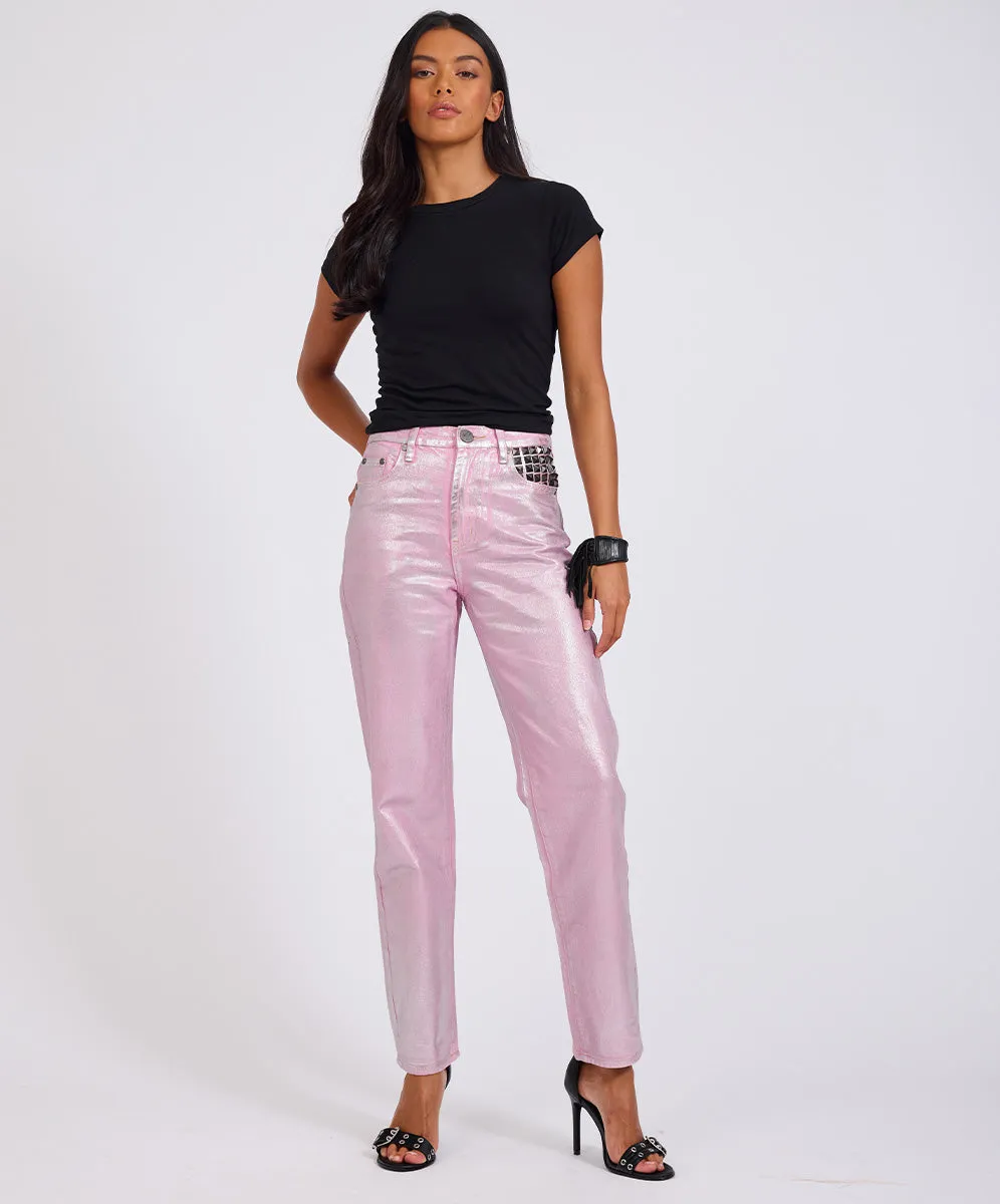 Awesome Baggies High Waist Straight Leg Denim Jeans- Pink Envy Foil sold by One Teaspoon