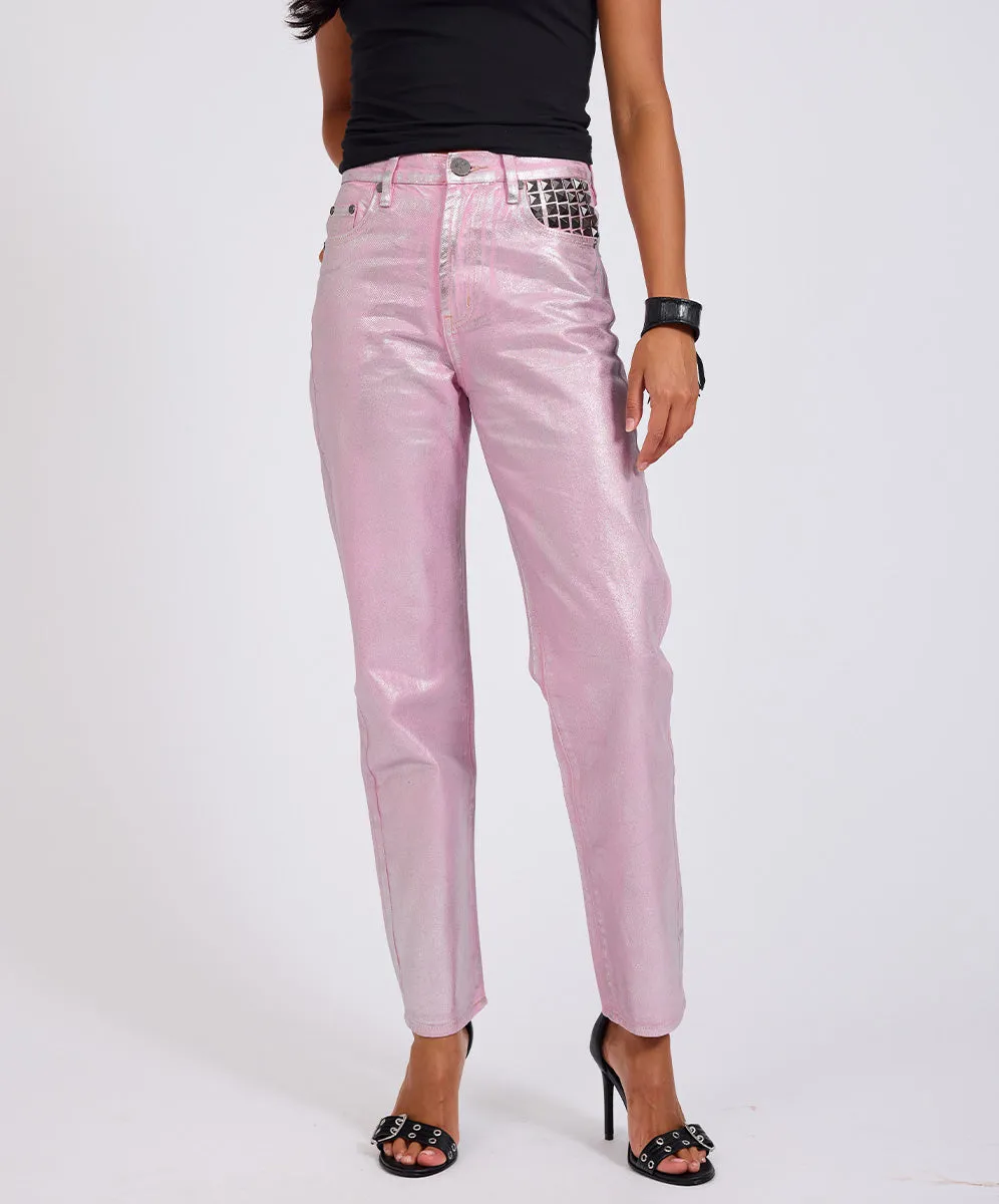Awesome Baggies High Waist Straight Leg Denim Jeans- Pink Envy Foil sold by One Teaspoon product image thumbnail 3