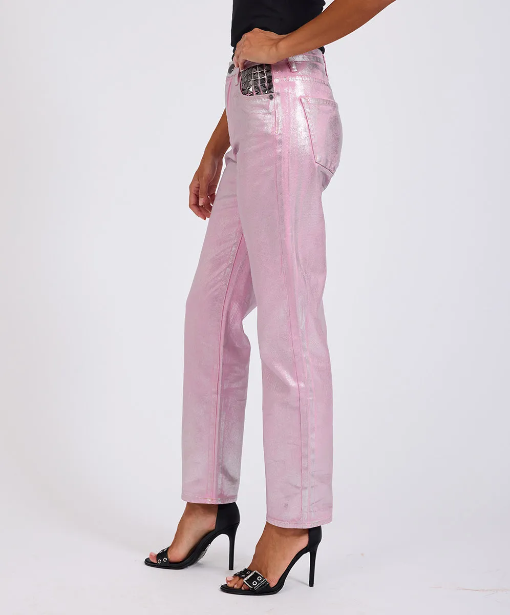 Awesome Baggies High Waist Straight Leg Denim Jeans- Pink Envy Foil sold by One Teaspoon product image thumbnail 4