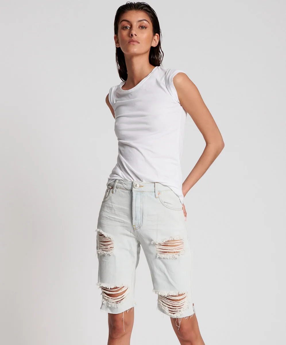 Long Truckers Mid Waist Long-Length Relaxed Denim Jorts - Brando Blue sold by One Teaspoon