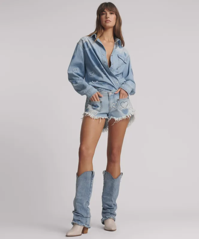 Retro Dukes Low Waist Mini Denim Shorts - Blue Heart sold by One Teaspoon