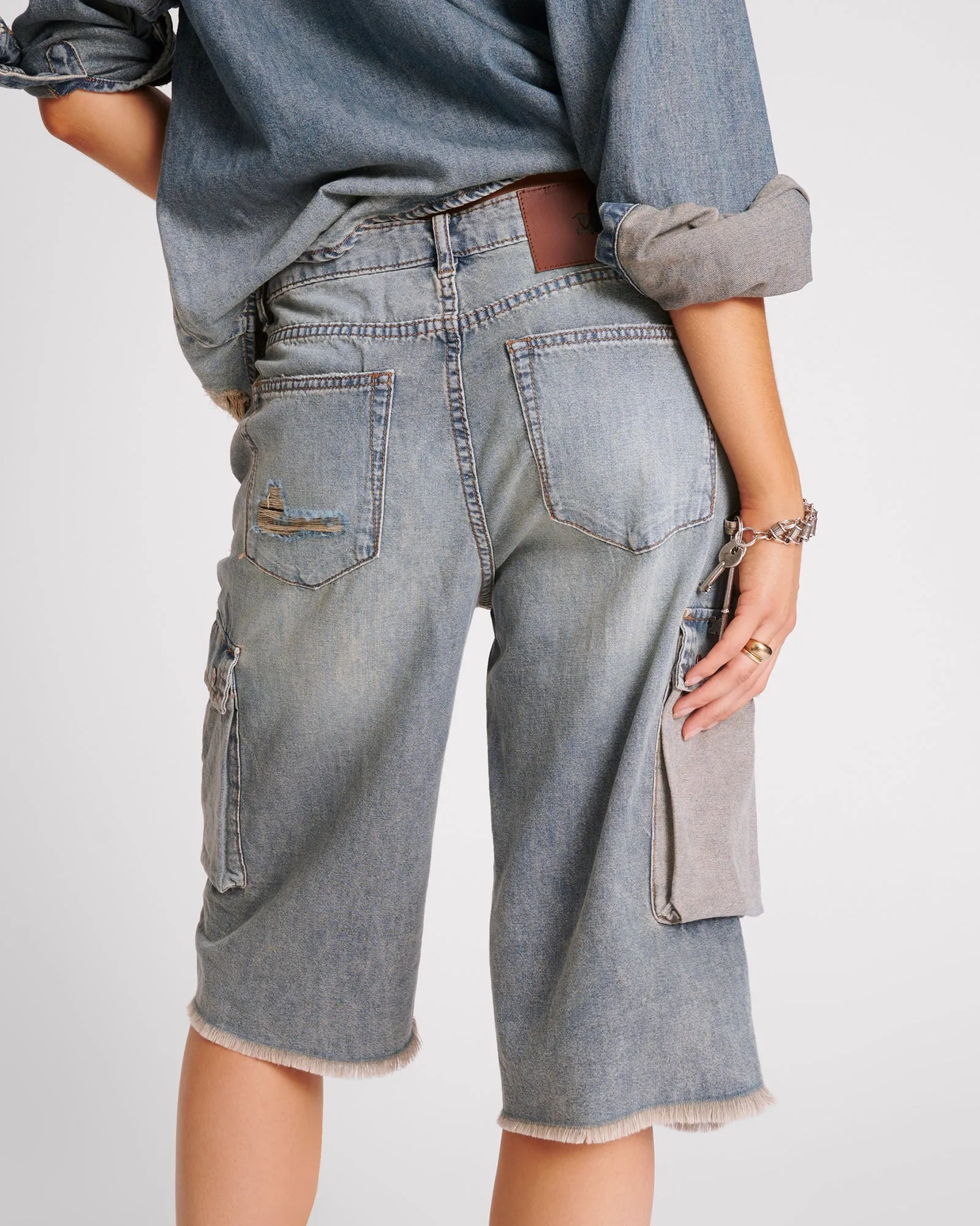 Skater Girl Low Waist Super Long Leg Denim Jorts - Dirty Blue sold by One Teaspoon product image thumbnail 4