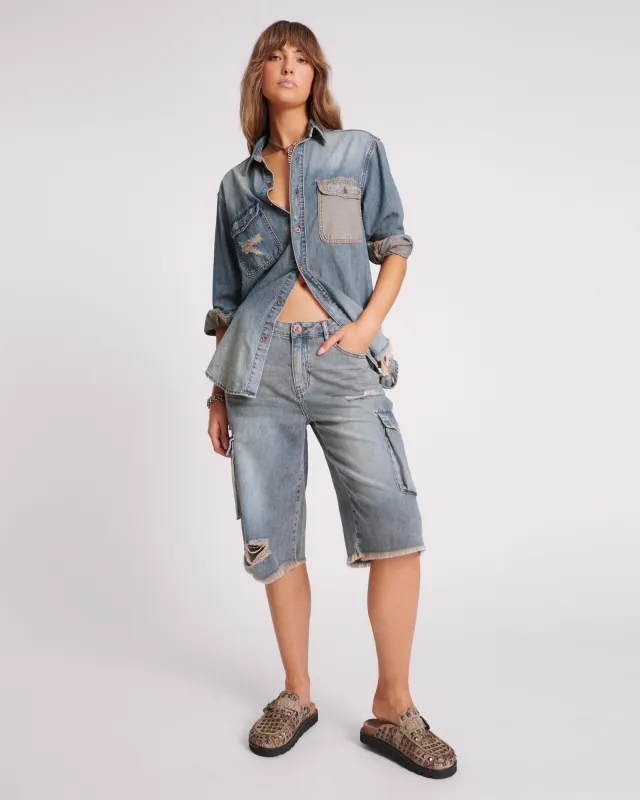 Skater Girl Low Waist Super Long Leg Denim Jorts - Dirty Blue sold by One Teaspoon