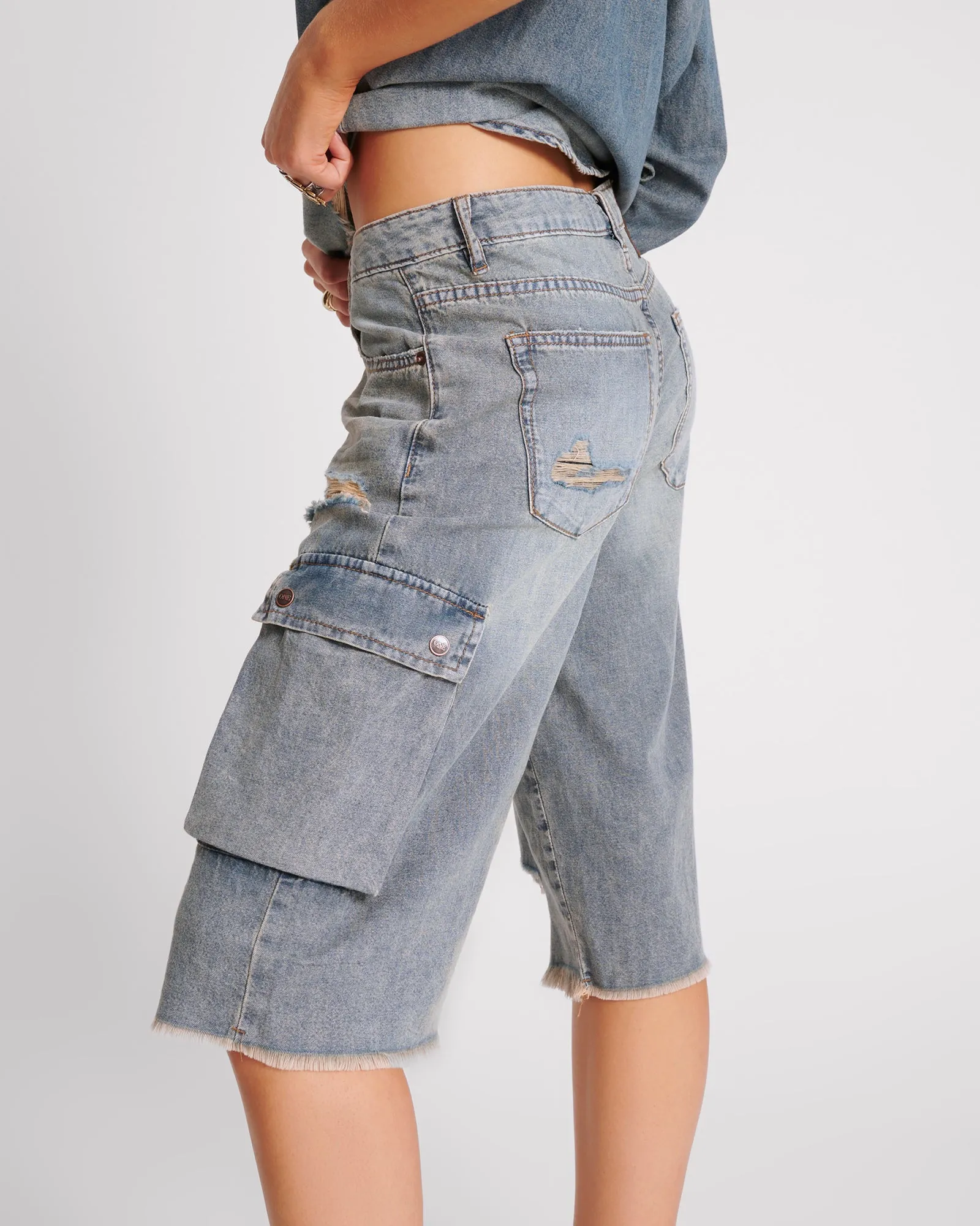 Skater Girl Low Waist Super Long Leg Denim Jorts - Dirty Blue sold by One Teaspoon product image thumbnail 3