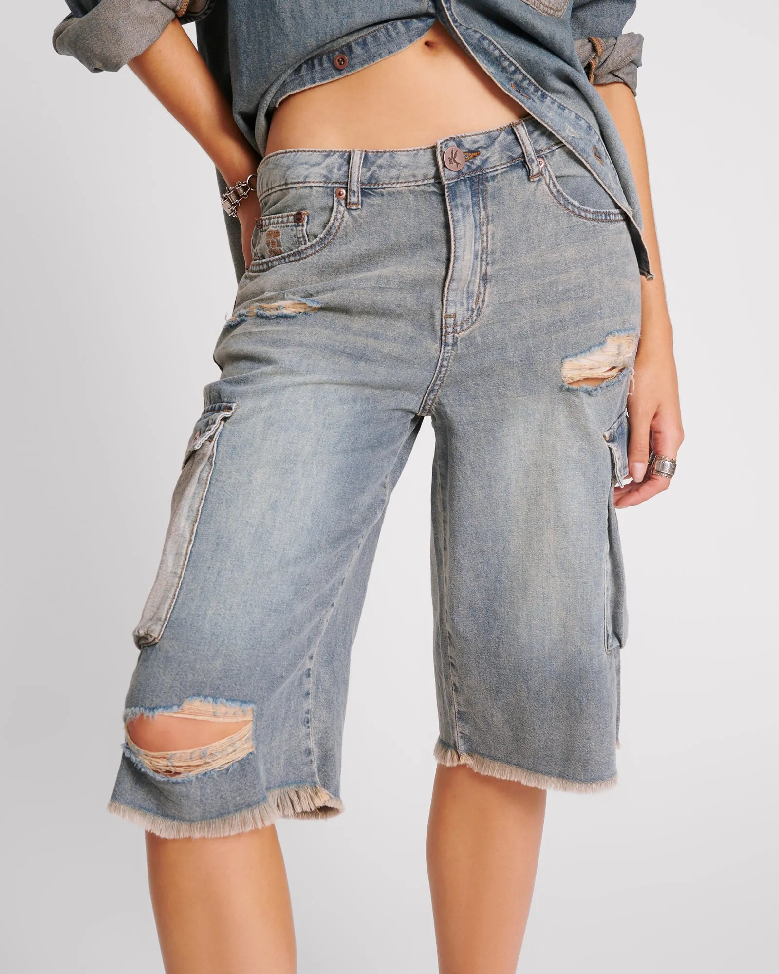Skater Girl Low Waist Super Long Leg Denim Jorts - Dirty Blue sold by One Teaspoon product image thumbnail 2