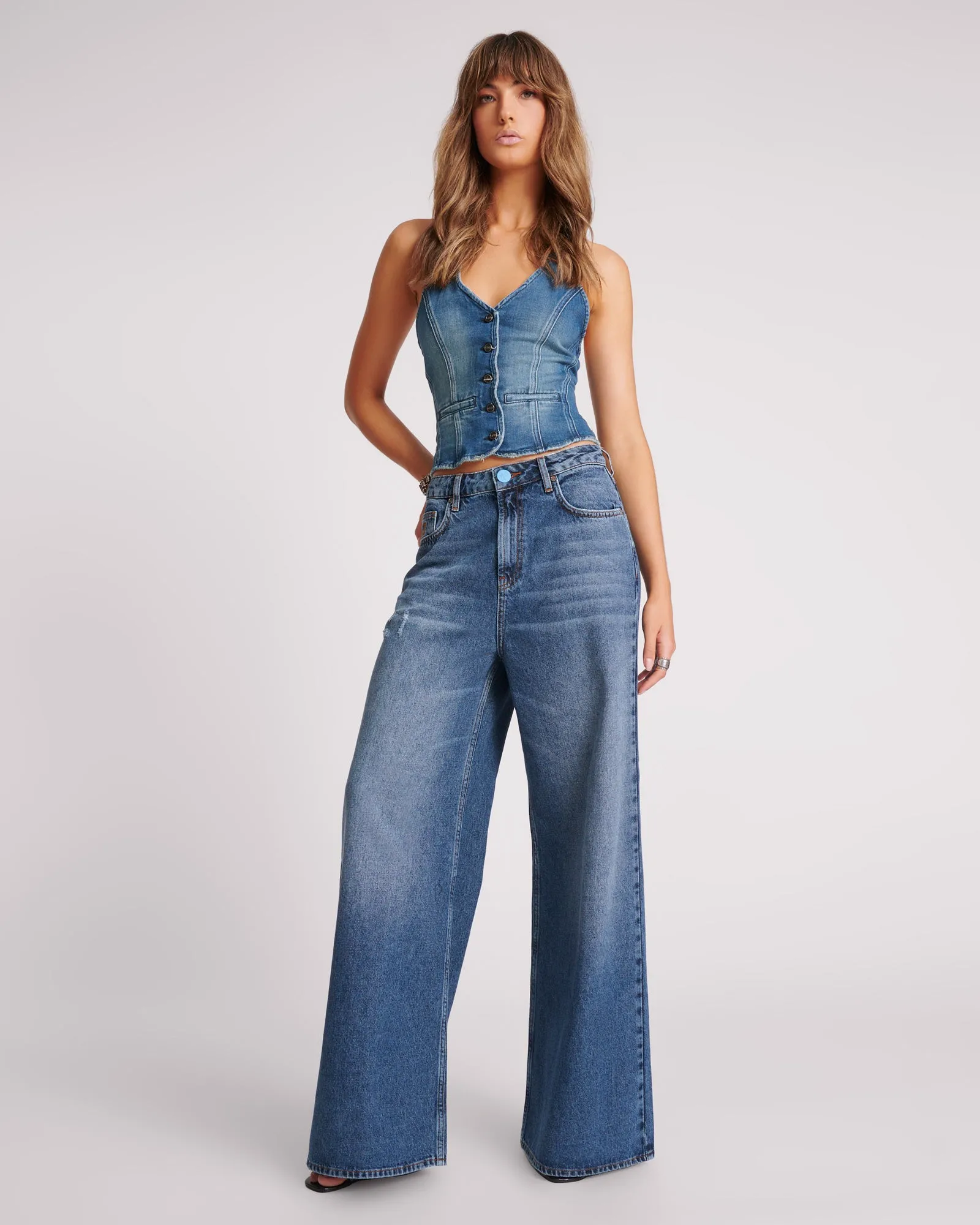 Love Machines Mid Waist Super Wide Leg Denim Jeans - Blue Thunder sold by One Teaspoon