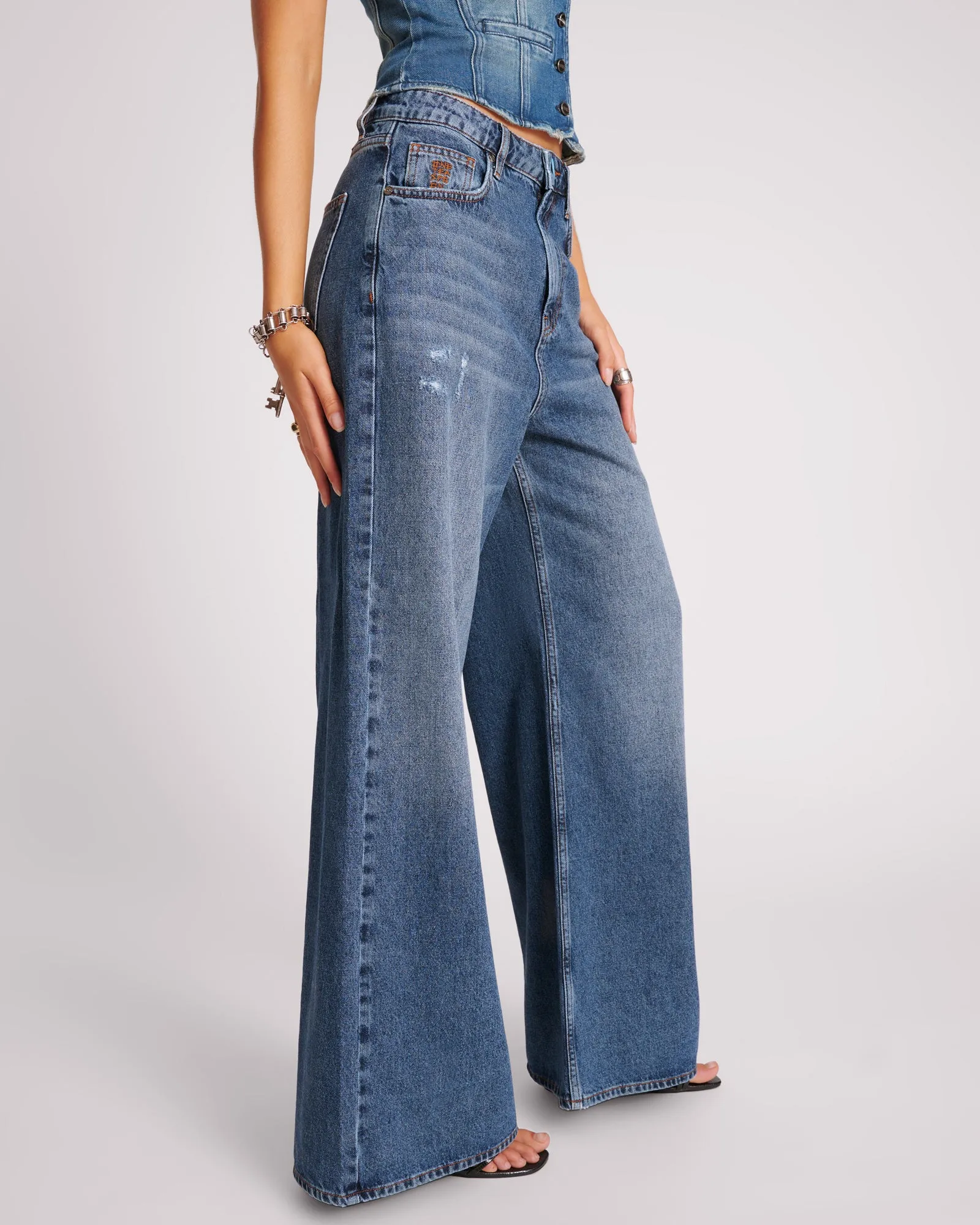 Love Machines Mid Waist Super Wide Leg Denim Jeans - Blue Thunder sold by One Teaspoon product image thumbnail 5