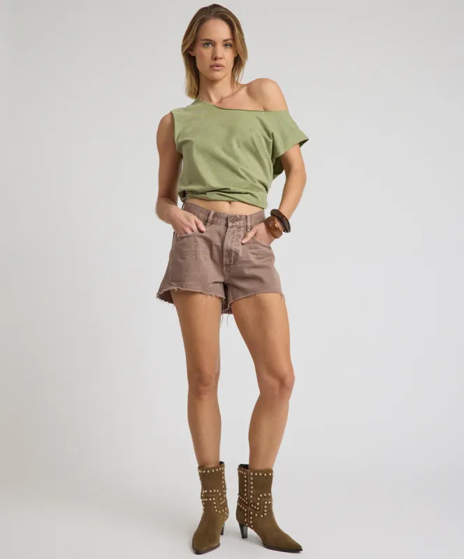 Truckers Mid Waist Denim Shorts - Espresso Brown sold by One Teaspoon