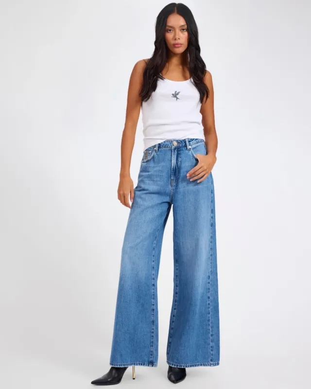 Love Machines Mid Waist Super Wide Leg Denim Jeans - Bright Blue sold by One Teaspoon