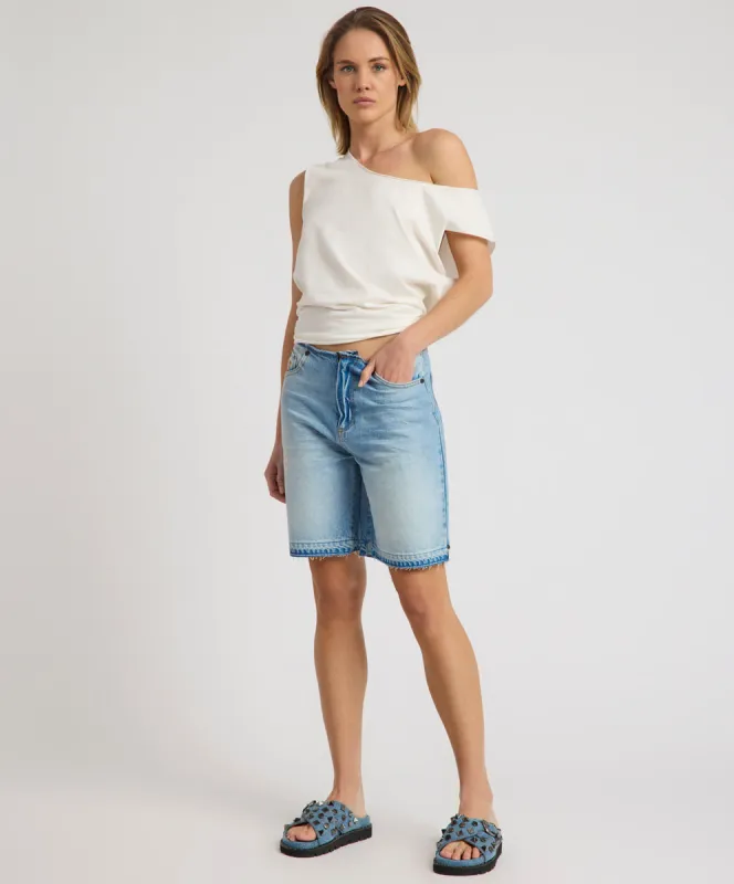 Rambler Mid Waist Wide Leg Boyfriend Denim Shorts - Endless Summer Blue sold by One Teaspoon