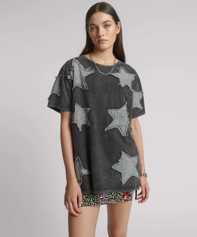 Denim Star Hand Embellished Boyfriend Tee - Charcoal made by One Teaspoon