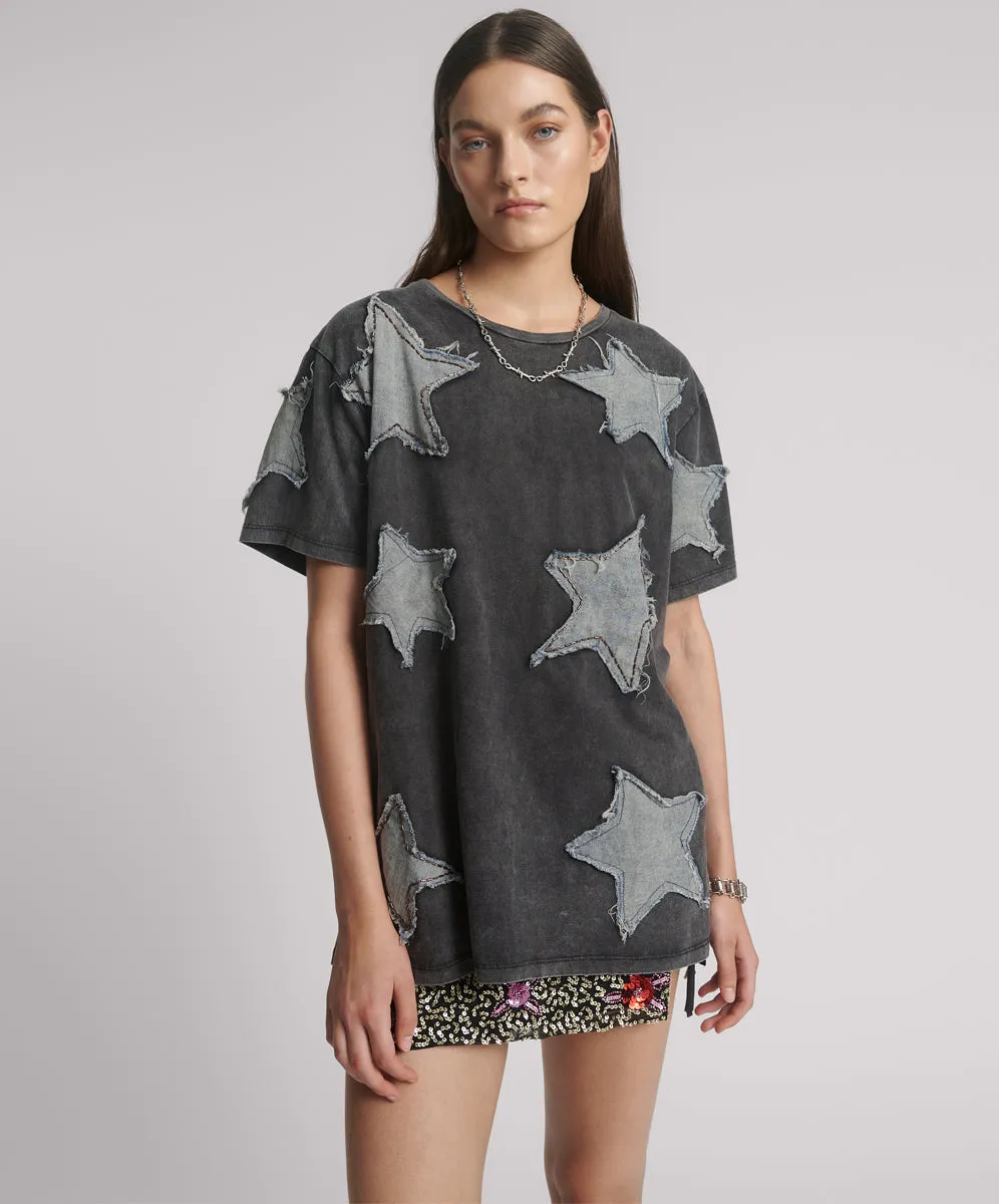 Denim Star Hand Embellished Boyfriend Tee - Charcoal sold by One Teaspoon