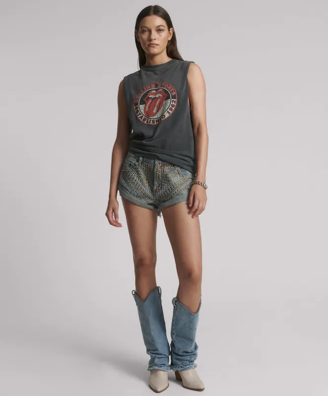 Bandits Low Waist Embellished Denim Shorts - Dusty Road Blue sold by One Teaspoon