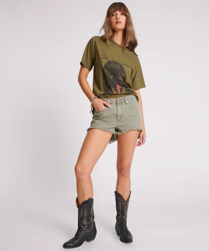 Bonitas High Waist Denim Shorts - Super Khaki sold by One Teaspoon