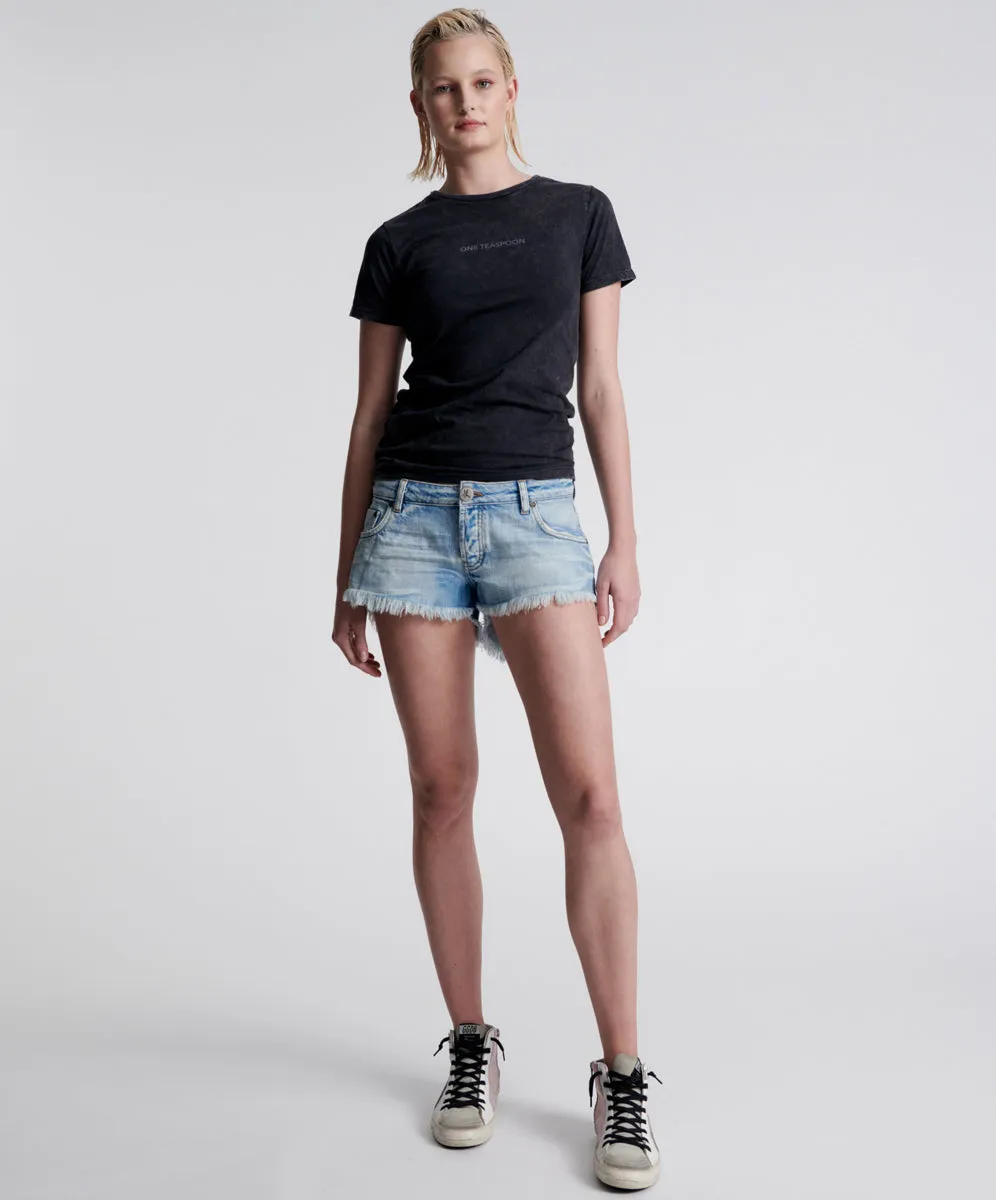 WORN OUT HENDRIXE DUKES LOW WAIST MINI DENIM SHORTS sold by One Teaspoon