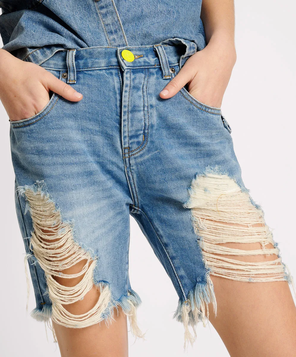 Stevies High Waist Long Length Boyfriend Denim Shorts - Blue Rapture sold by One Teaspoon product image thumbnail 2