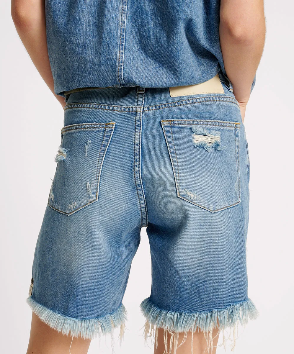 Stevies High Waist Long Length Boyfriend Denim Shorts - Blue Rapture sold by One Teaspoon product image thumbnail 4