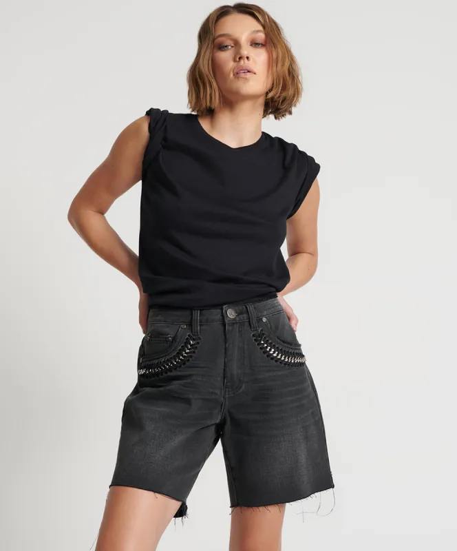 Jacksons Mid Waist Wide Leg Denim Shorts - Storm Grey sold by One Teaspoon