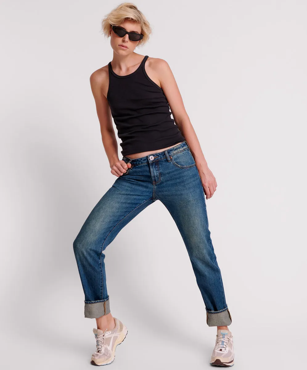 GRITTY BLUE TRUCKERS LOW WAIST STRAIGHT LEG JEANS sold by One Teaspoon