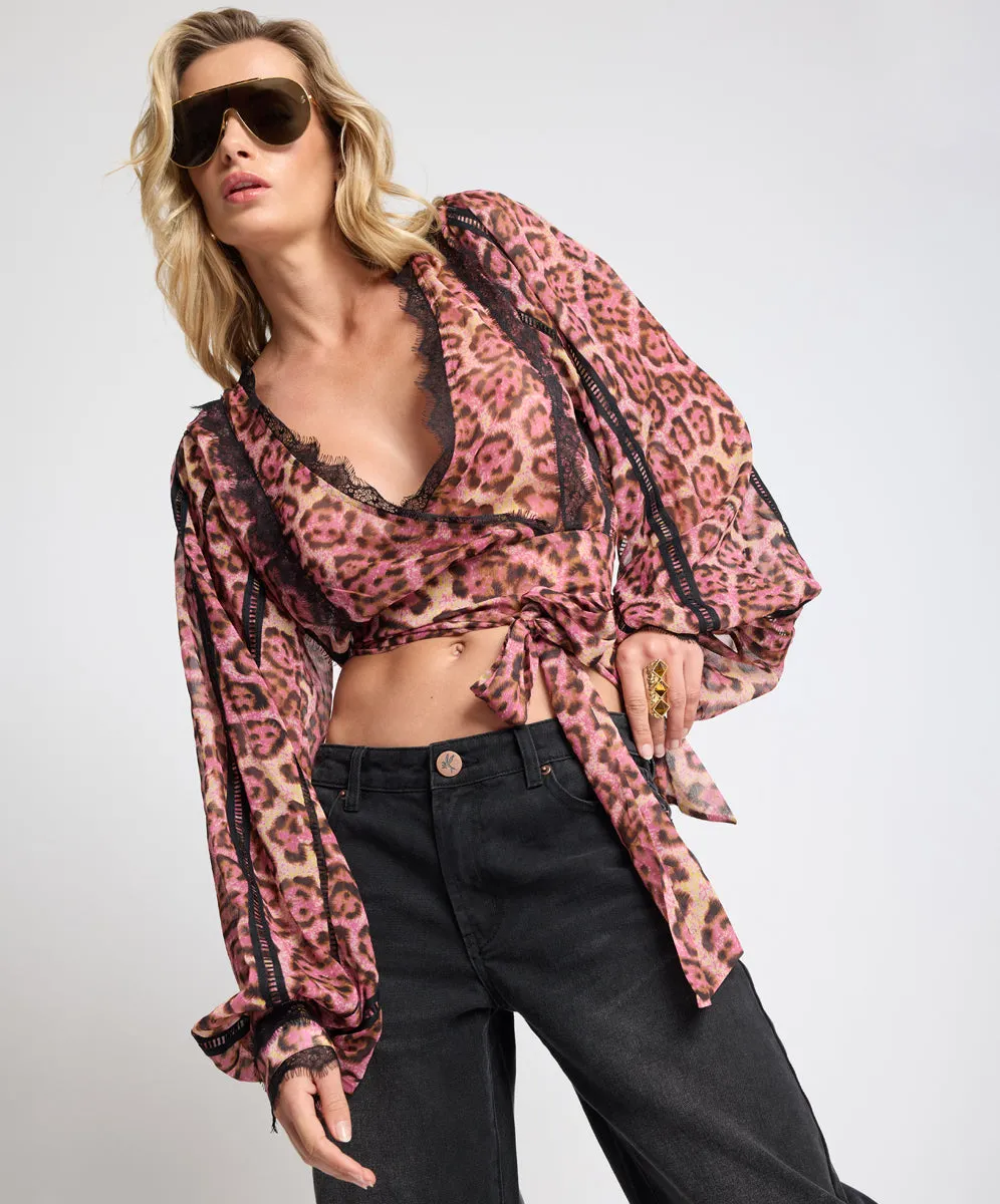 Songbird Sheer Balloon Sleeve Tie-Up Blouse - Pink Leopard sold by One Teaspoon