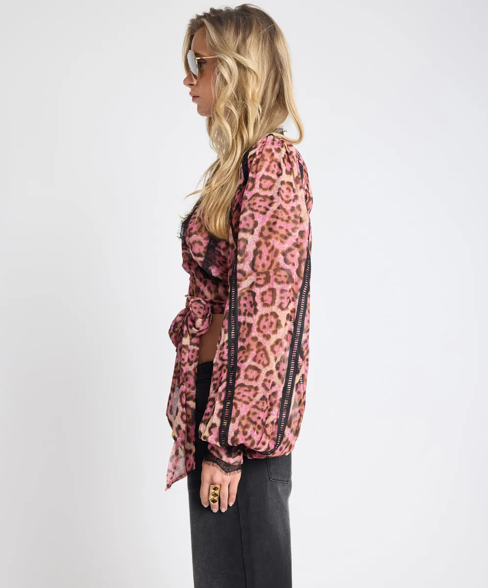 Songbird Sheer Balloon Sleeve Tie-Up Blouse - Pink Leopard sold by One Teaspoon product image thumbnail 3