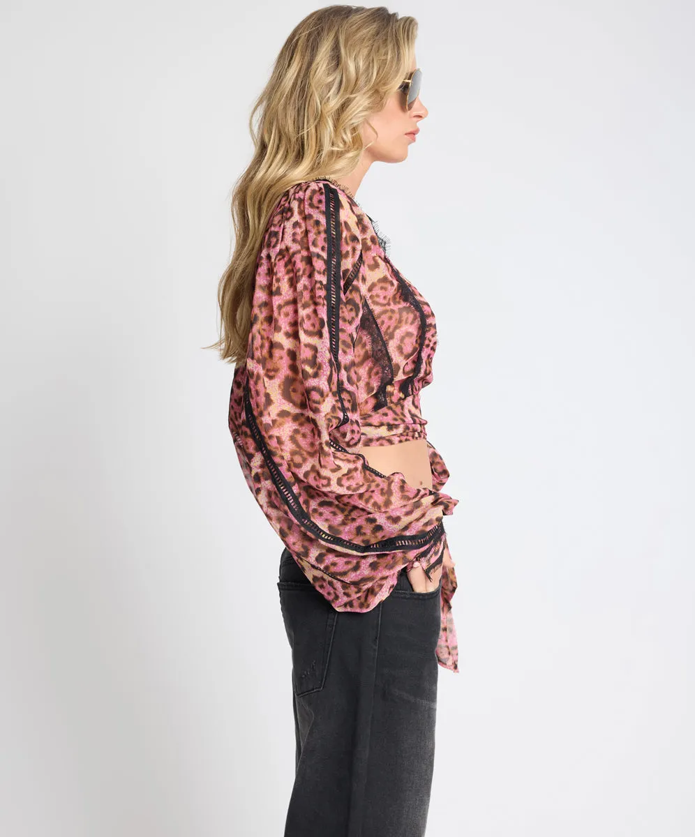 Songbird Sheer Balloon Sleeve Tie-Up Blouse - Pink Leopard sold by One Teaspoon product image thumbnail 5