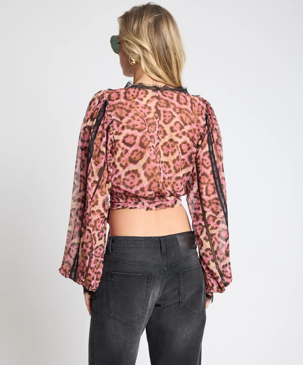 Songbird Sheer Balloon Sleeve Tie-Up Blouse - Pink Leopard sold by One Teaspoon product image thumbnail 4
