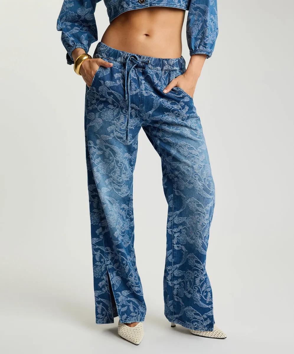 Roadhouse Mid Waist Wide Leg Drawstring Denim Jeans - Soaring Jacquard Blue sold by One Teaspoon product image thumbnail 3