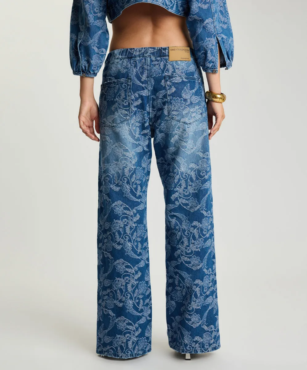 Roadhouse Mid Waist Wide Leg Drawstring Denim Jeans - Soaring Jacquard Blue sold by One Teaspoon product image thumbnail 5