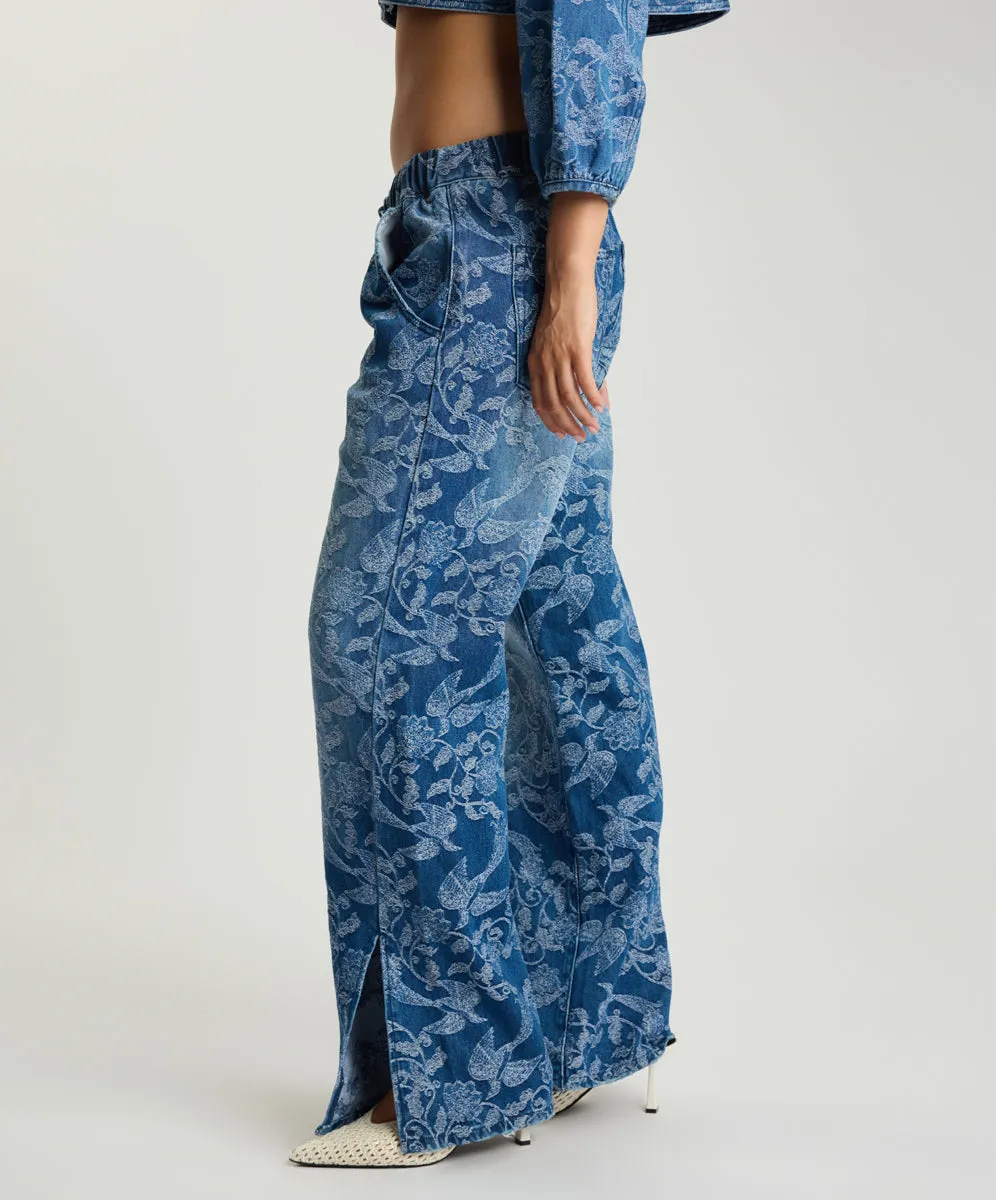 Roadhouse Mid Waist Wide Leg Drawstring Denim Jeans - Soaring Jacquard Blue sold by One Teaspoon product image thumbnail 4