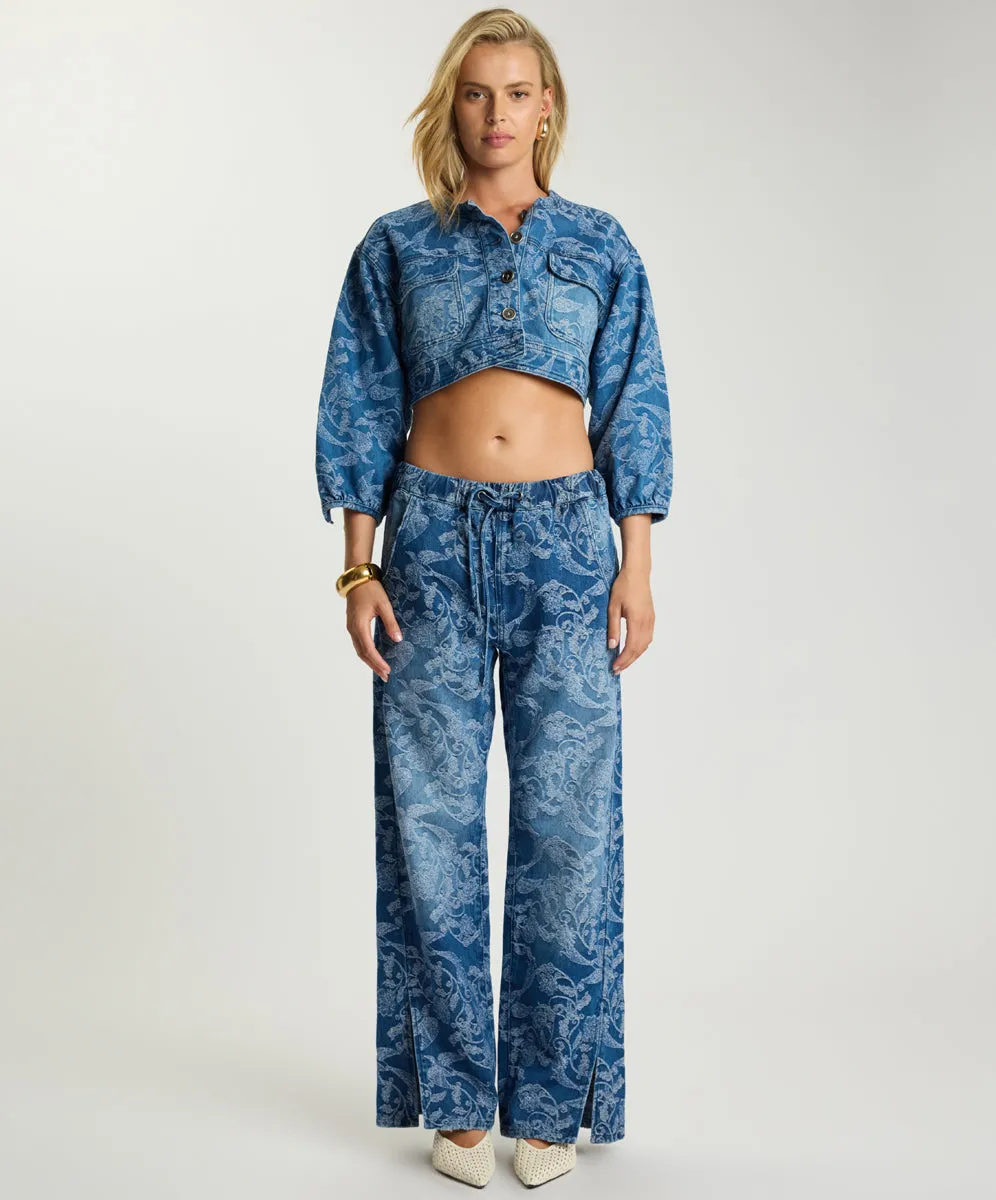 Roadhouse Mid Waist Wide Leg Drawstring Denim Jeans - Soaring Jacquard Blue sold by One Teaspoon product image thumbnail 2