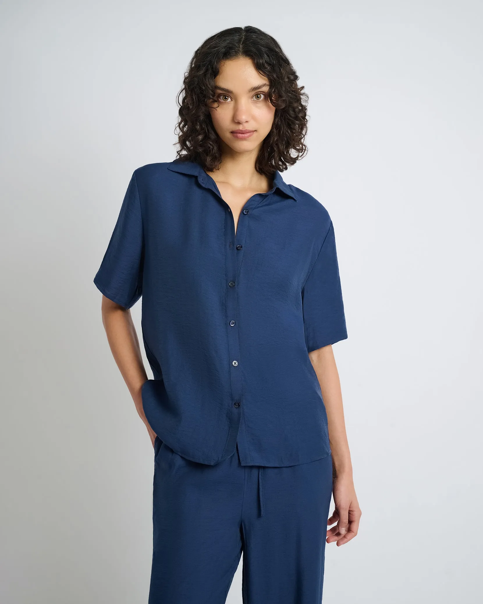 Crinkle Oversized Short Sleeve Button Up Shirt sold by Onia