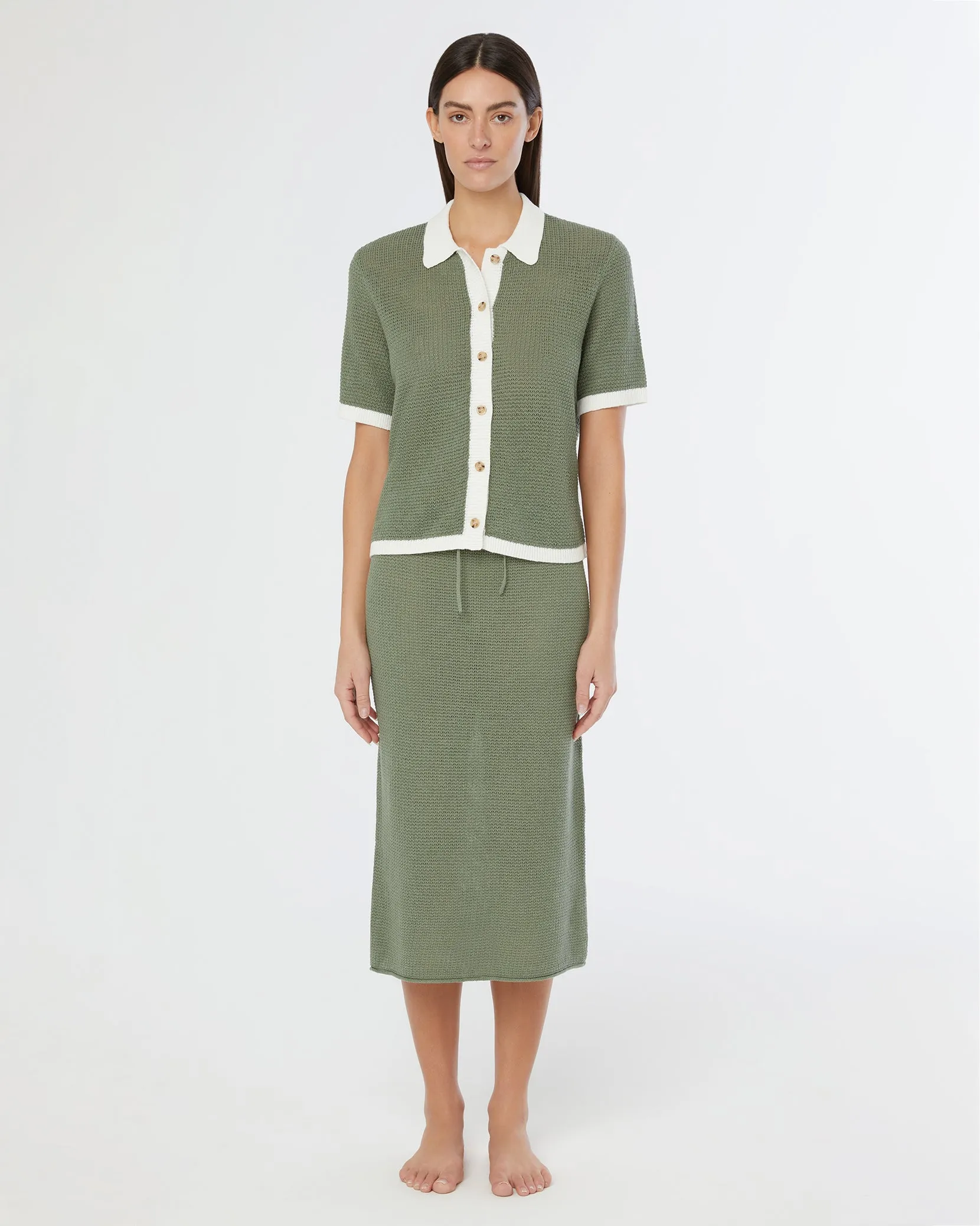 Linen Knit Low Rise Midi Skirt sold by Onia