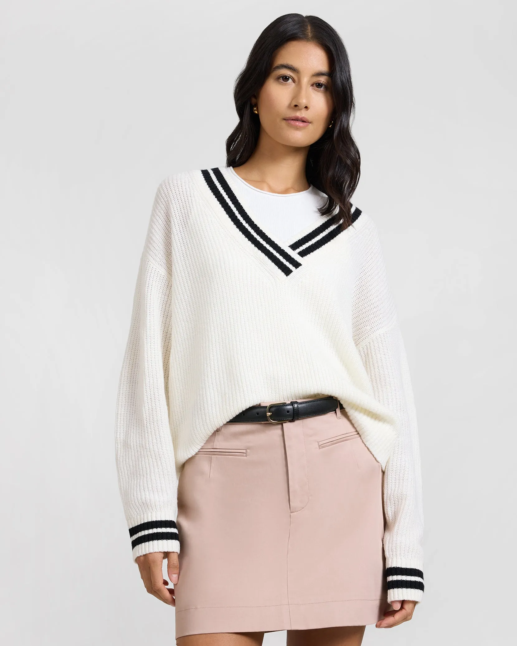 Deep V-neck Varsity Pullover Sweater sold by Onia