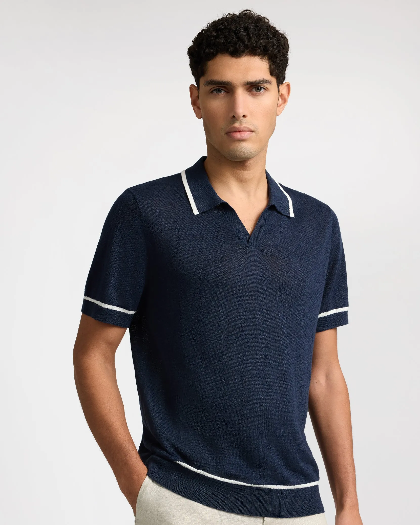 Linen Johnny Collar Polo Sweater sold by Onia product image thumbnail 3