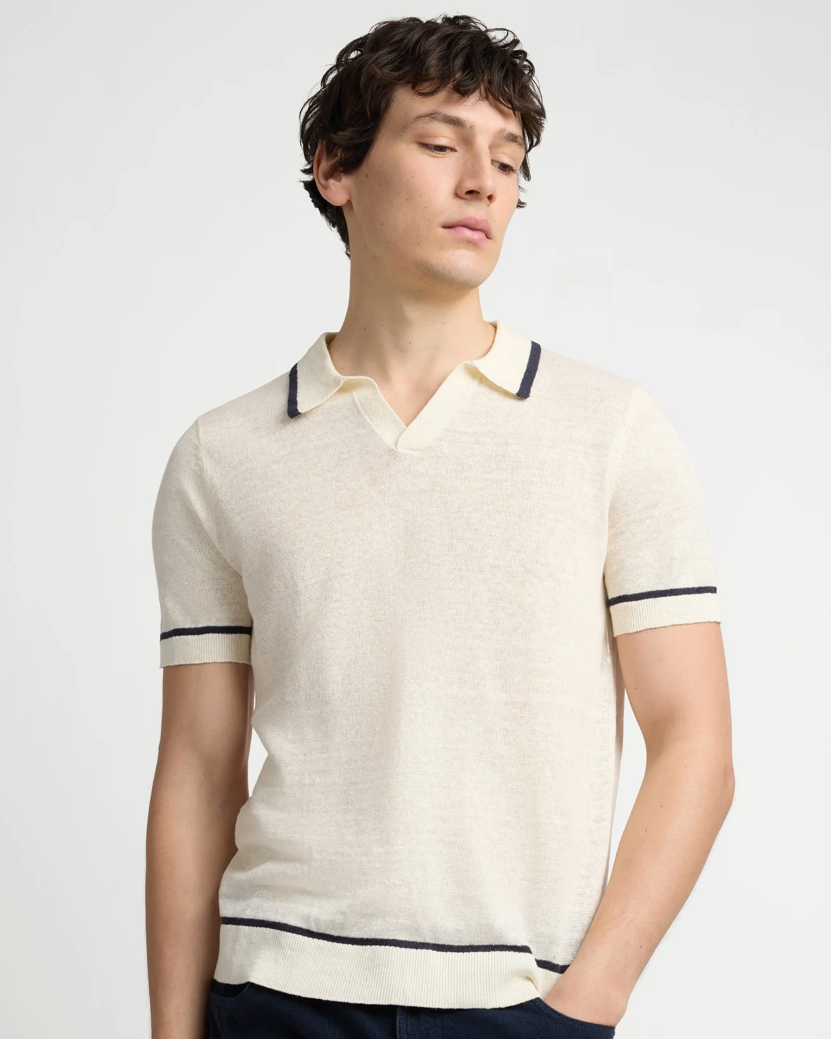 Linen Johnny Collar Polo Sweater sold by Onia product image thumbnail 2