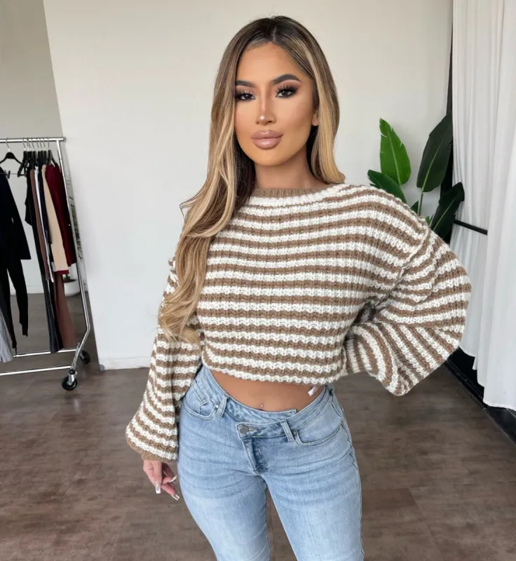 Caro Cropped Sweater(Off White/Taupe) sold by OOTDFash