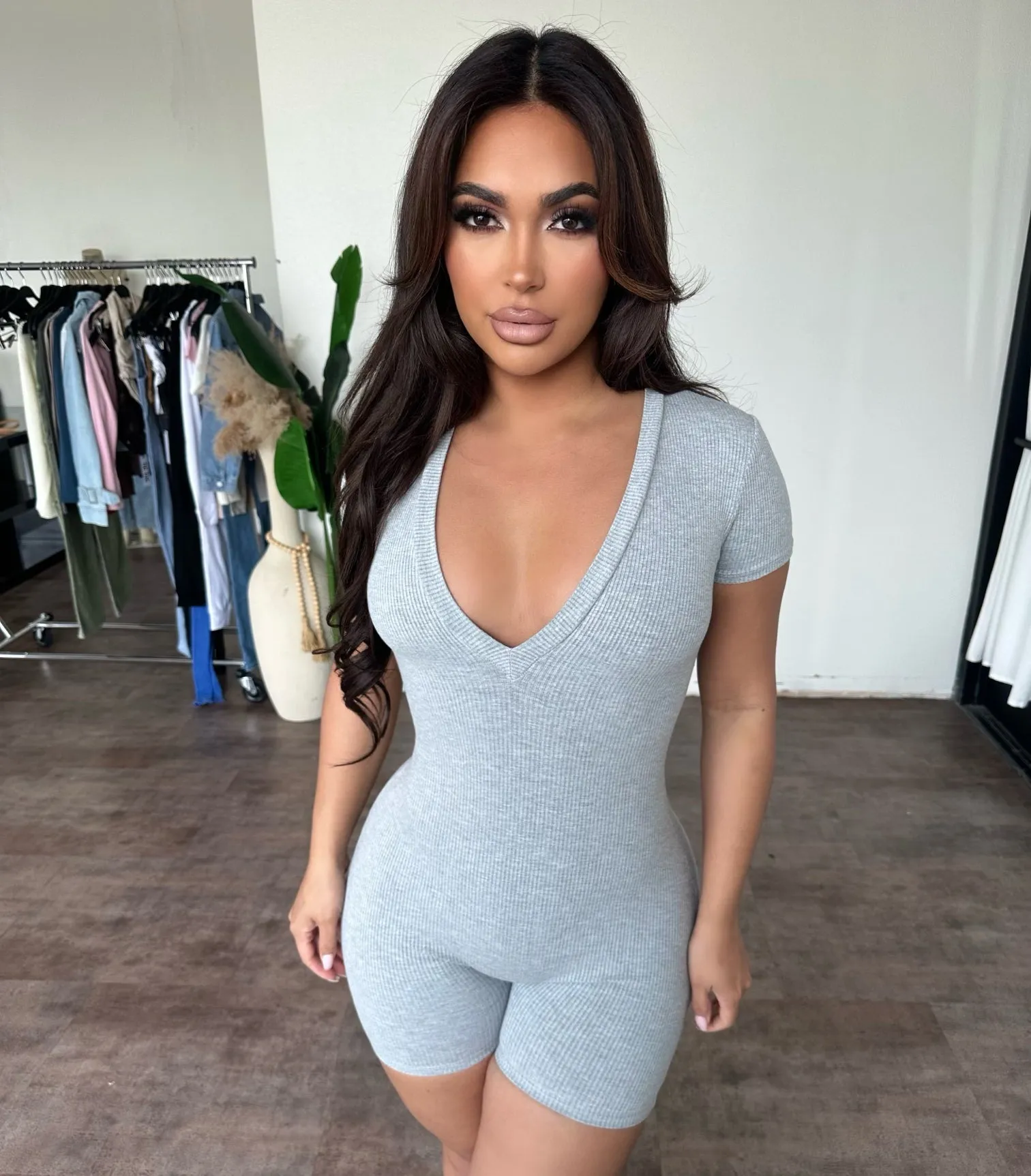 Gia Vneck Romper(Heather Grey) sold by OOTDFash
