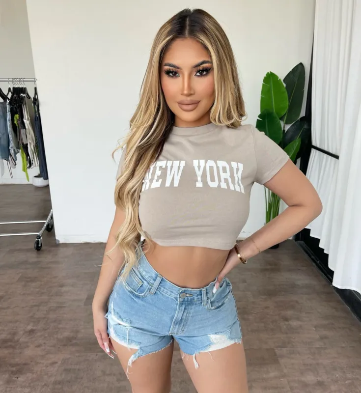 New York Cropped Tee(Taupe/Ivory) sold by OOTDFash