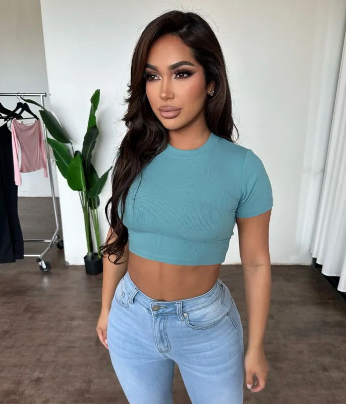 Jackie Cropped Rib Top(Grey Teal) sold by OOTDFash