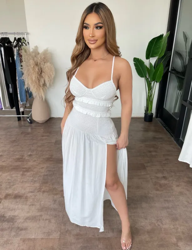 Lilly Smocked Midi Dress(White) sold by OOTDFash