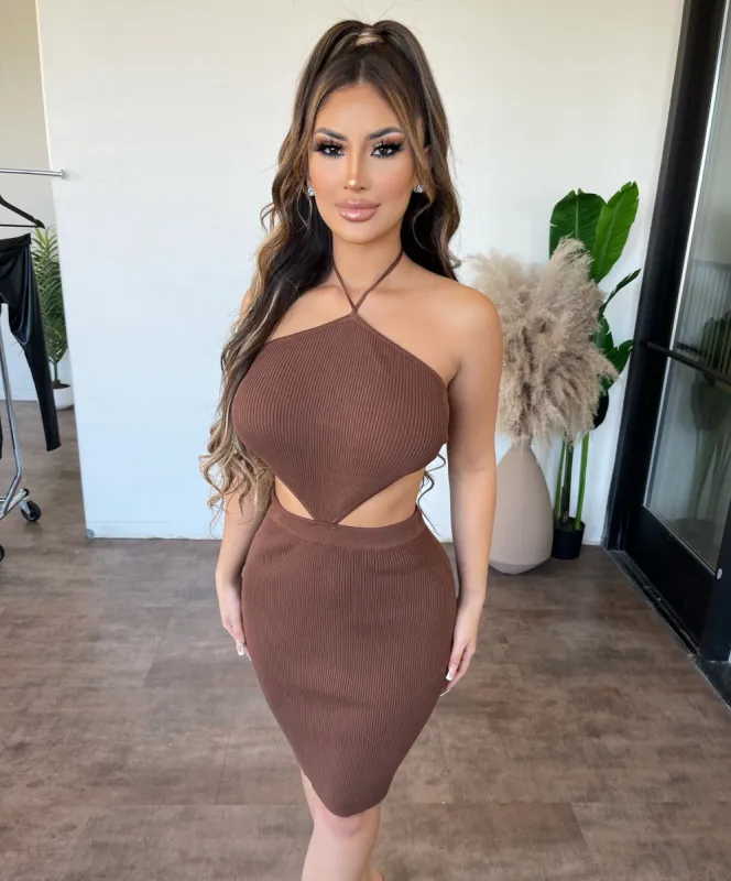 Shelly Halter Ribbed Dress(Brown) sold by OOTDFash