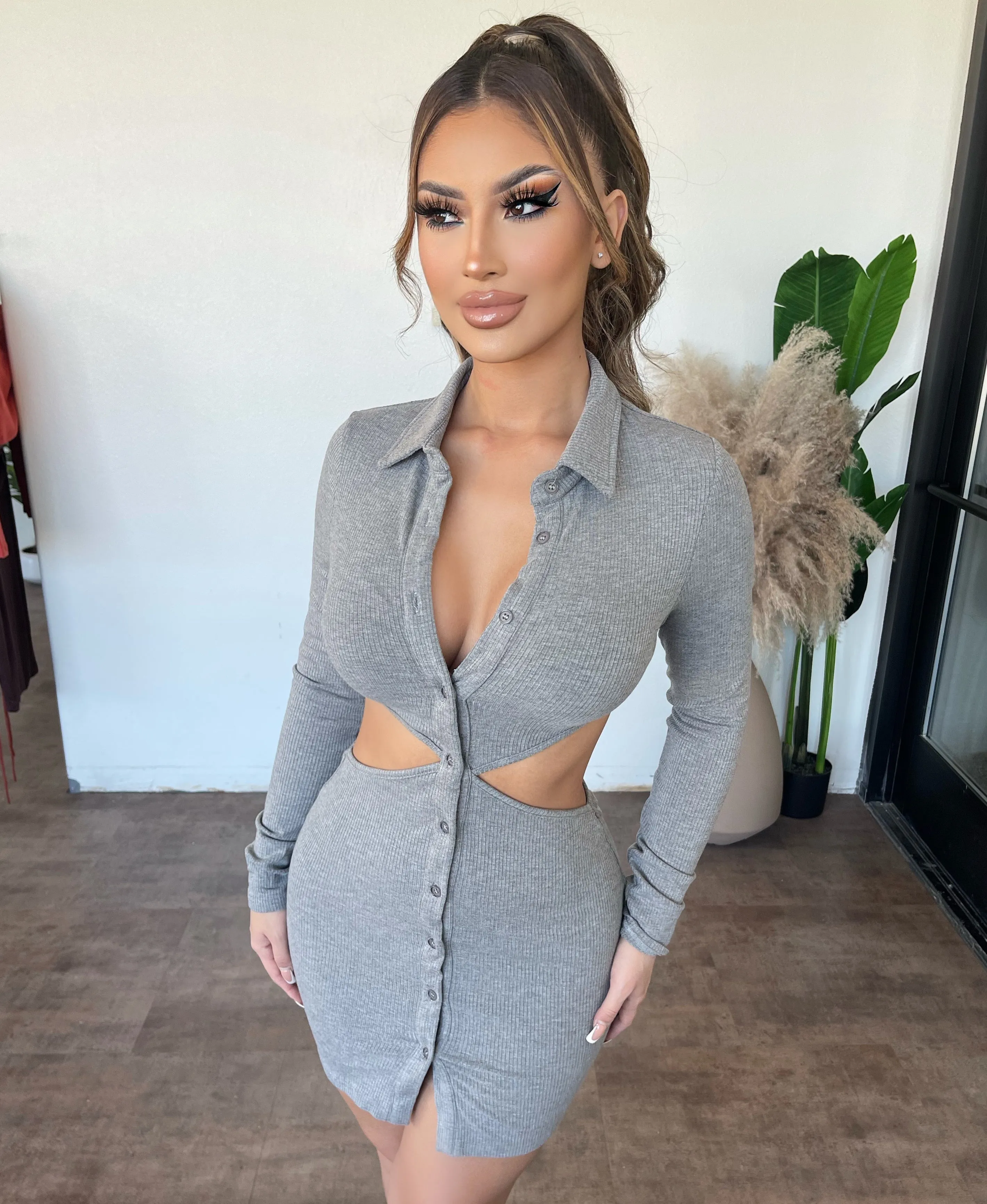 Viola Collar Button Dress(Grey) sold by OOTDFash