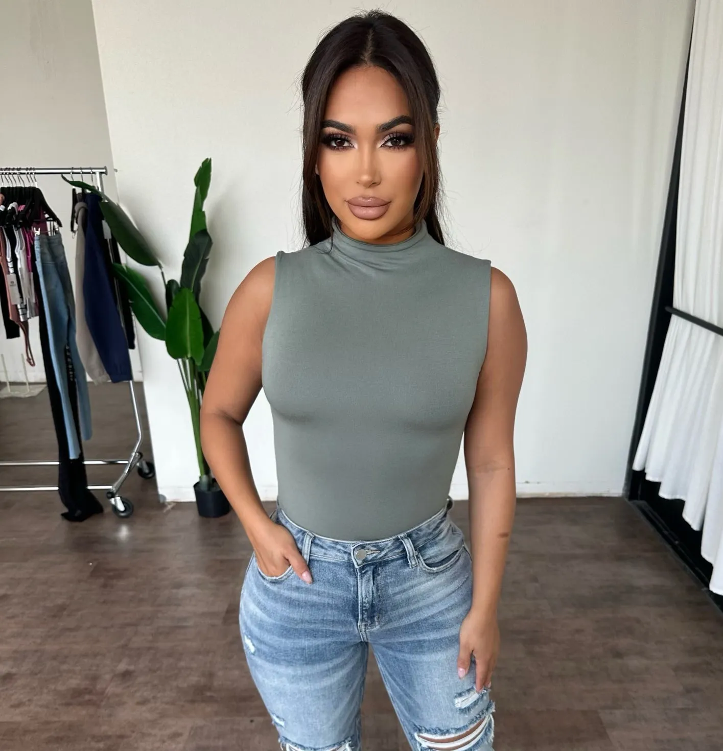 Kailey Sleeveless Bodysuit (Dried Sage) sold by OOTDFash