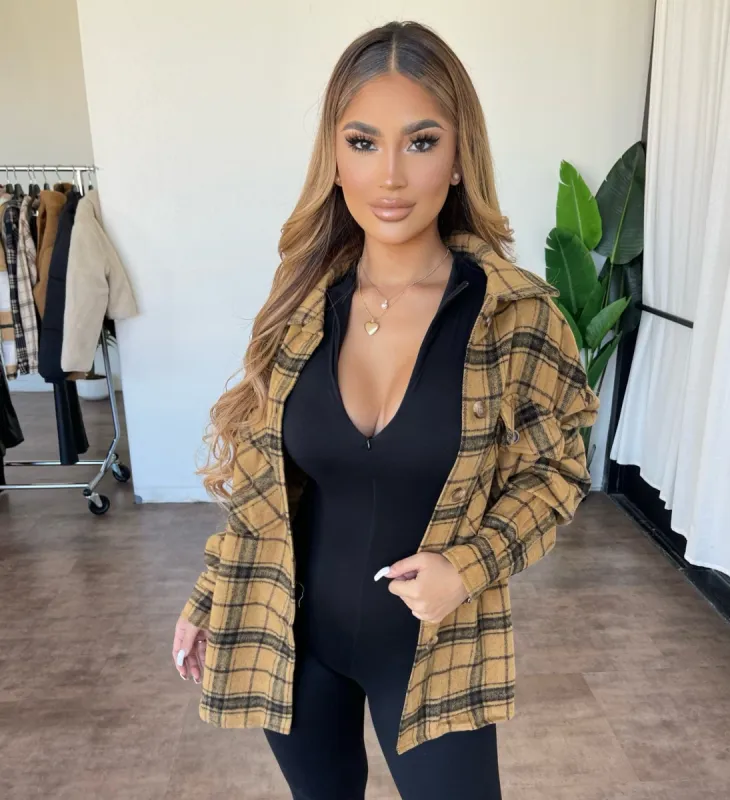 Lucia Pocket Flannel (Camel Combo) sold by OOTDFash